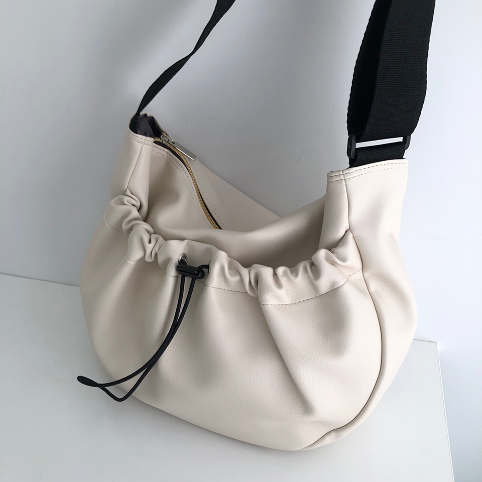 Leather String Pocket Zip-Up Crossbody Bag