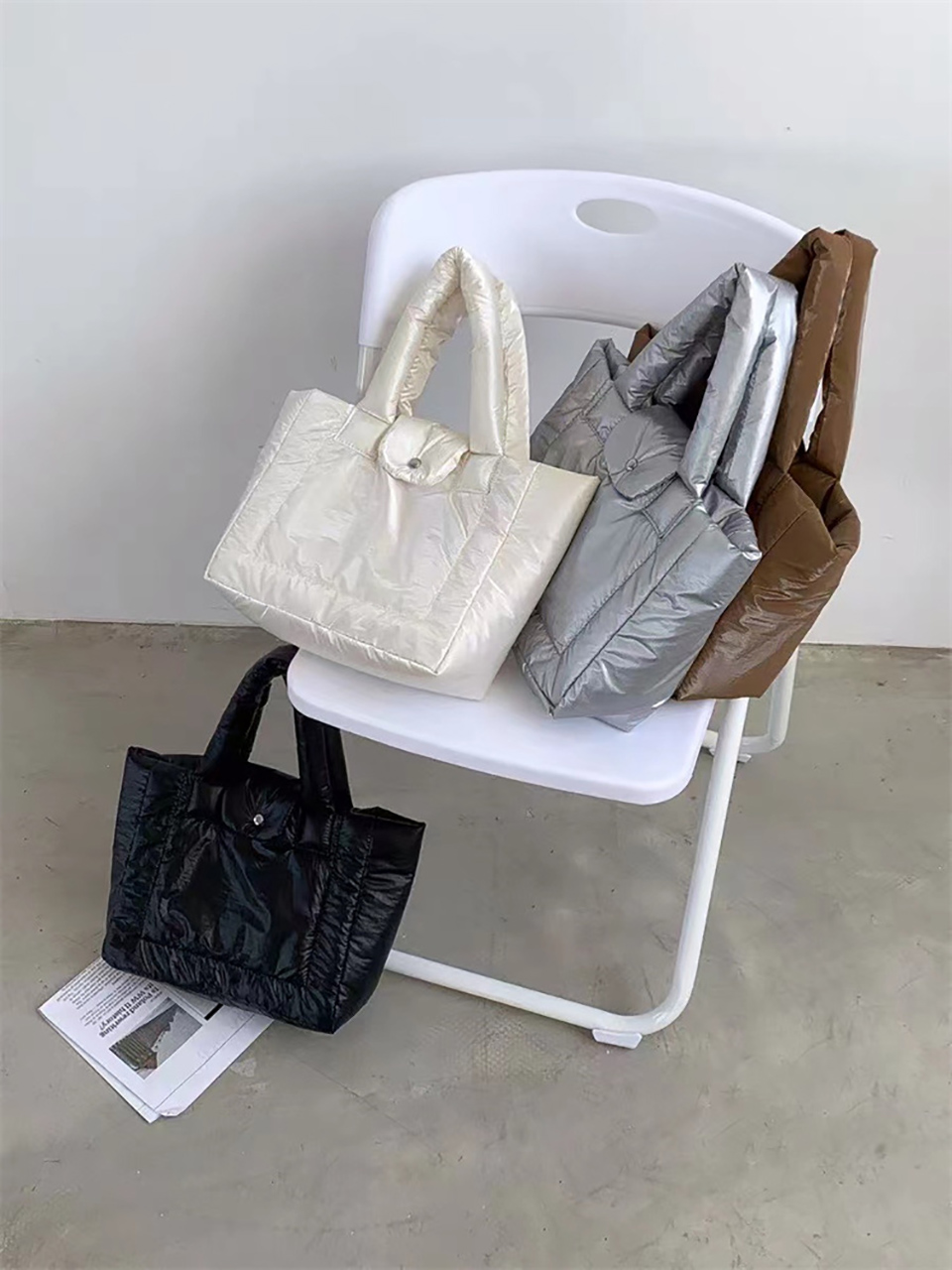 Aston Glossy Nylon Down Button Tote Bag