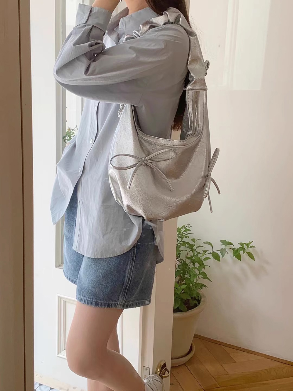 [5 colors] Ribbon Ballet Core Shirring Laser Tote Bag/Shoulder Bag