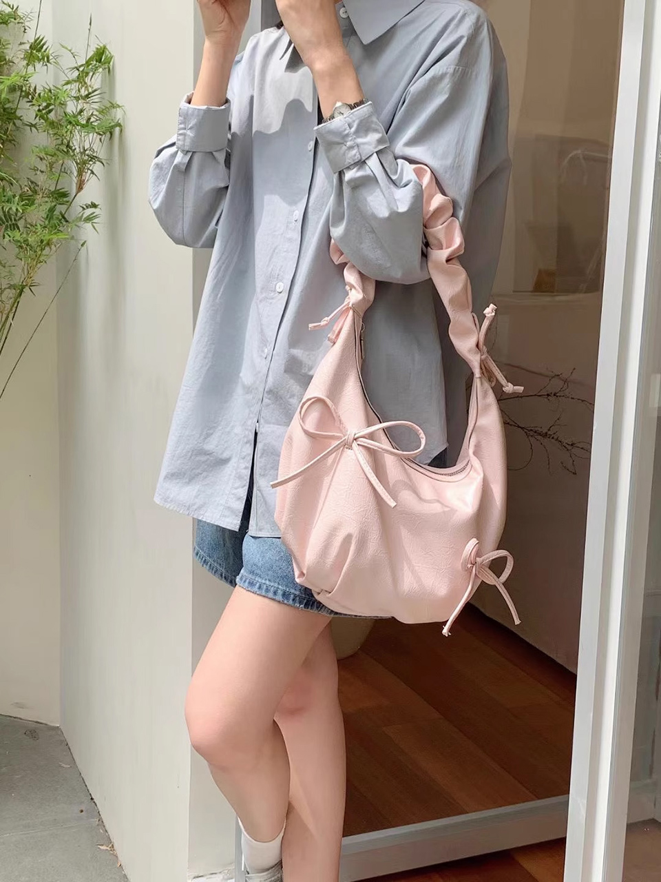 [5 colors] Ribbon Ballet Core Shirring Laser Tote Bag/Shoulder Bag