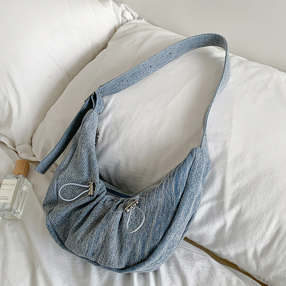 Ditto Cross Silver Denim Shirred Shoulder Bag