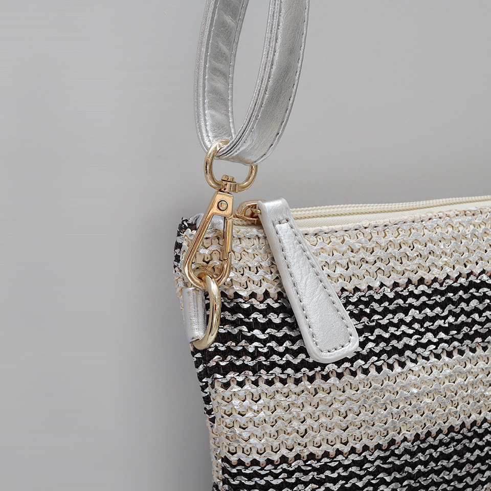 Silver striped rattan zipper cross clutch bag