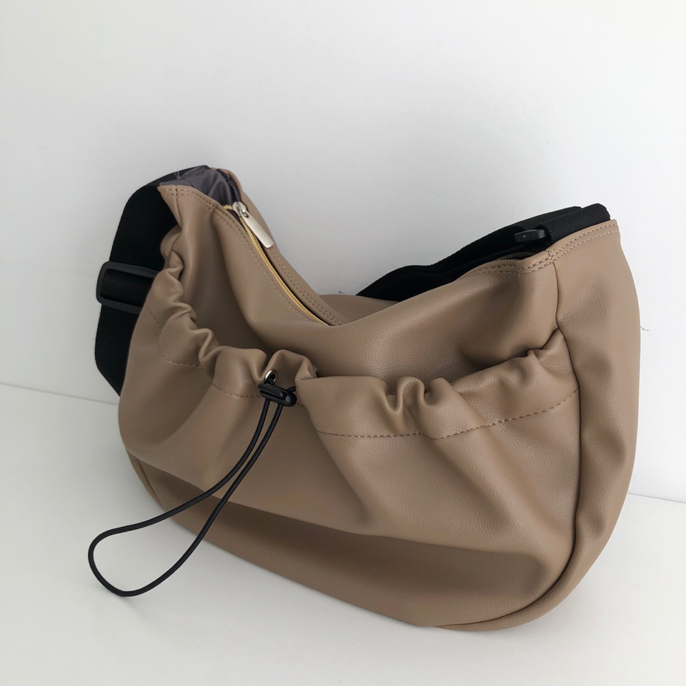 Leather String Pocket Zip-Up Crossbody Bag