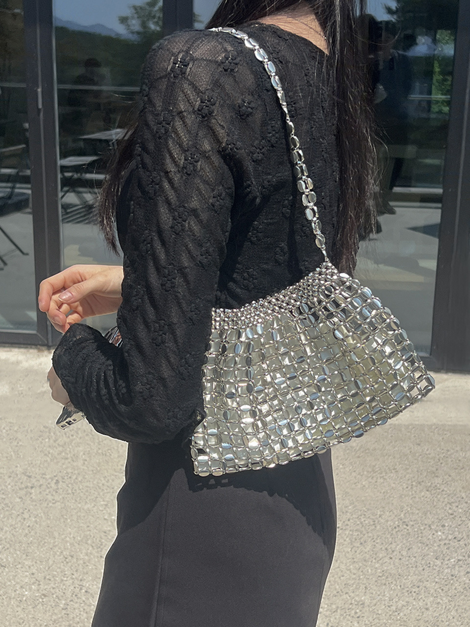 Metal Bead Net Mini Shoulder Bag