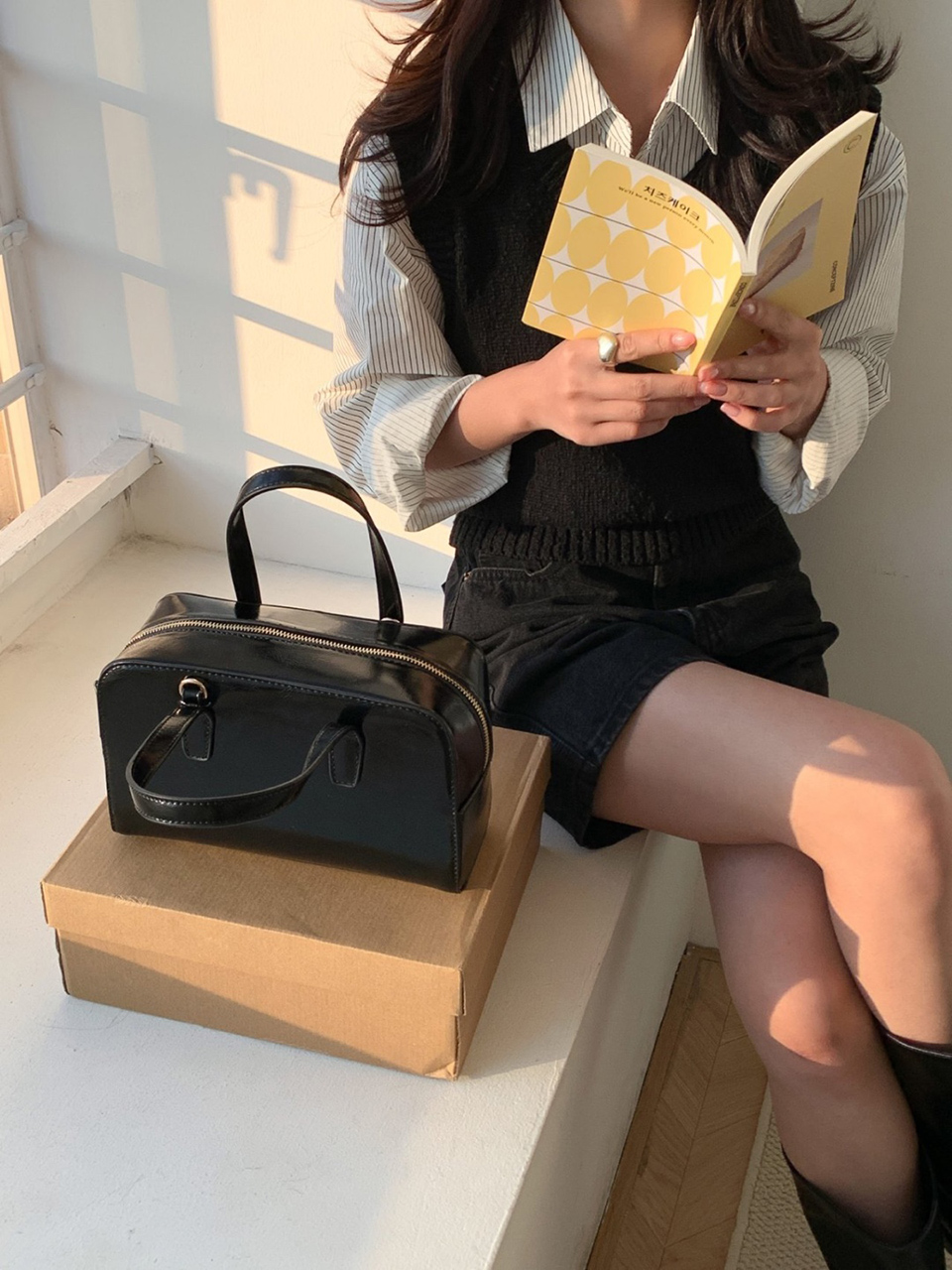 Square zip-up leather tote bag (4 colors)