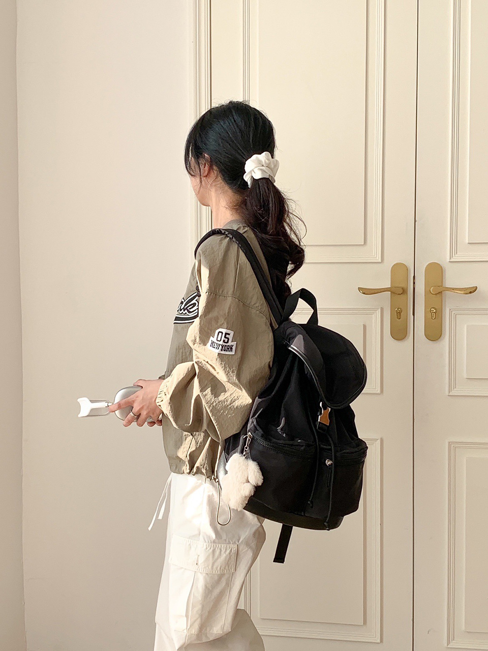 Nylon buckle string pocket daily backpack
