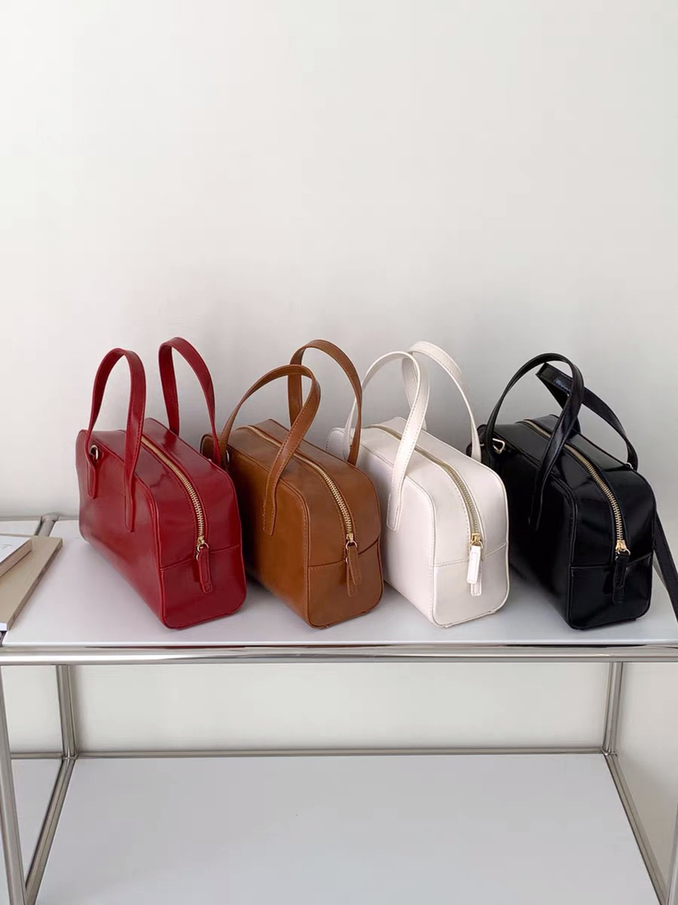 Square zip-up leather tote bag (4 colors)