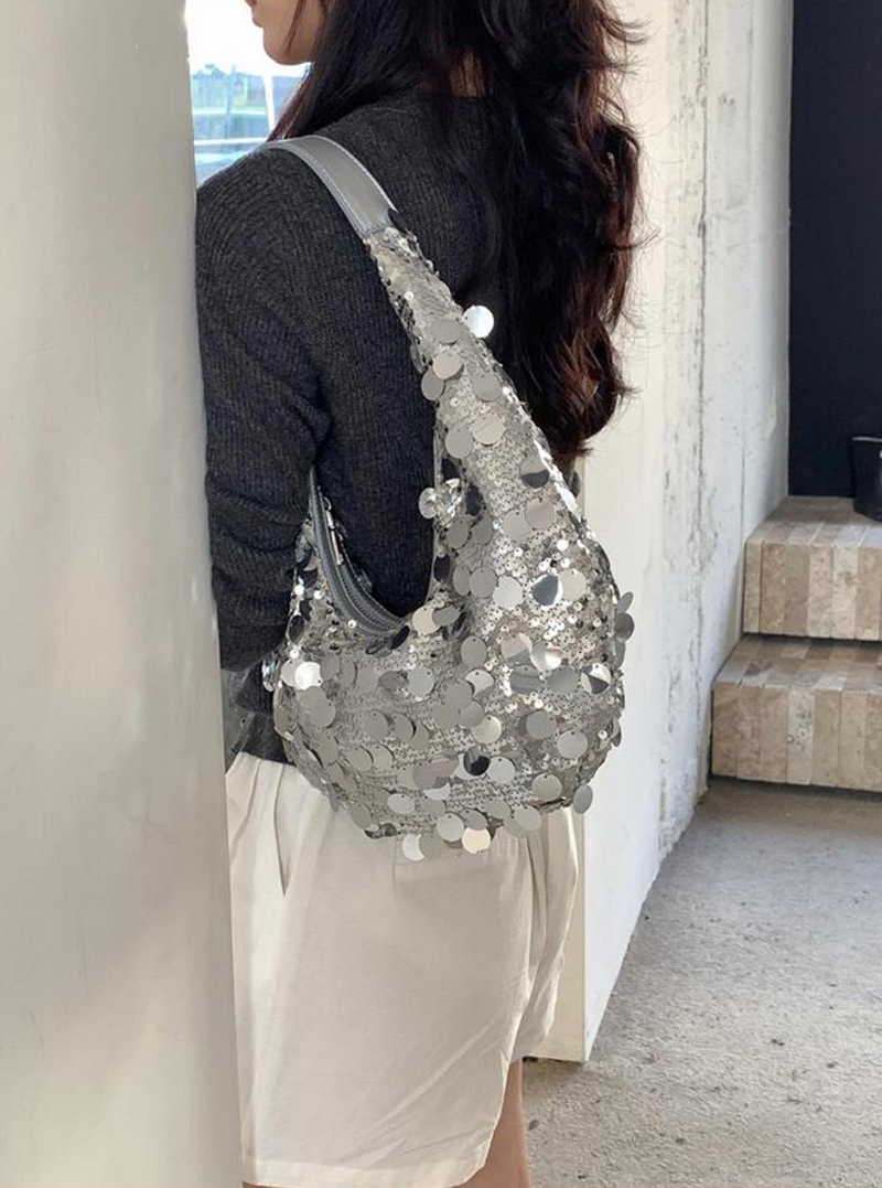 Sequined round zipper shoulder bag (2 colors)