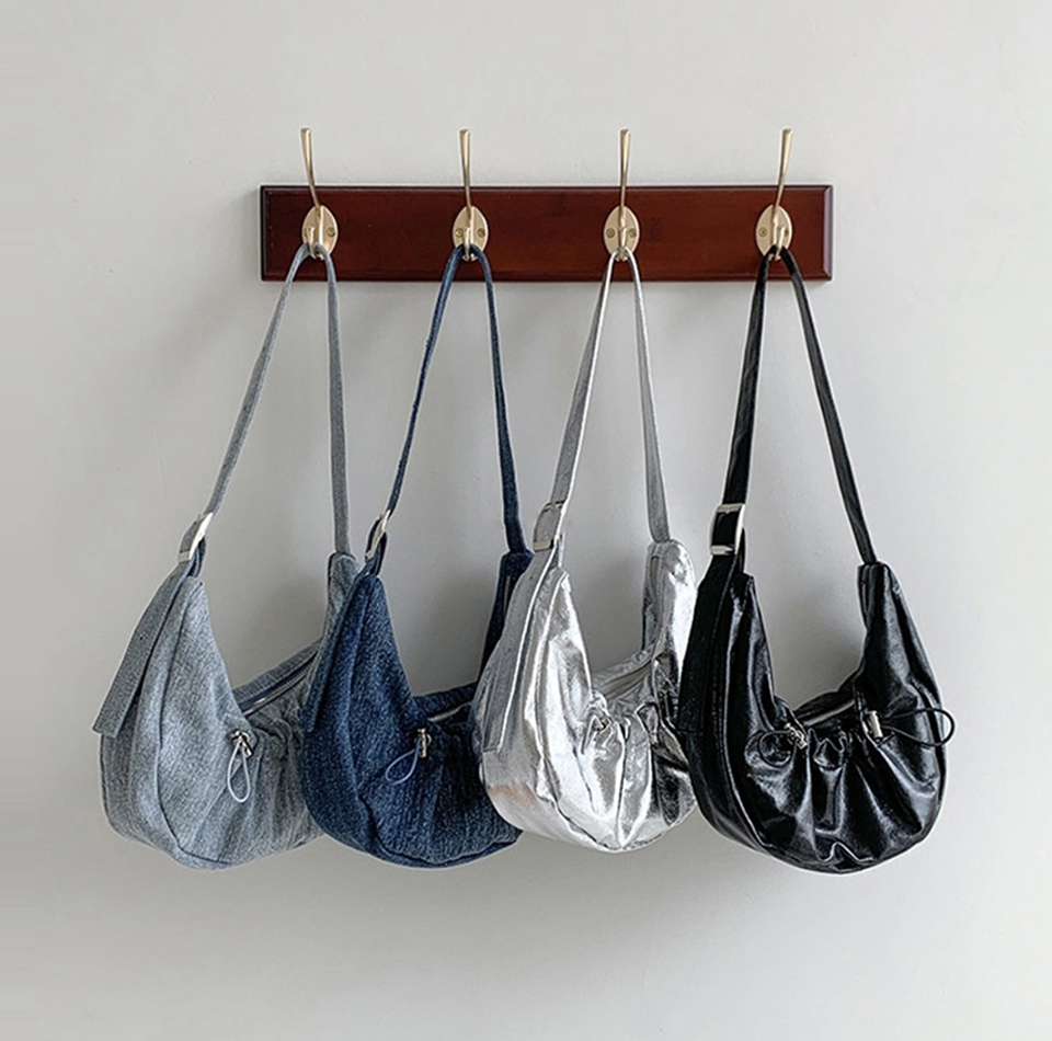 Ditto Cross Silver Denim Shirred Shoulder Bag