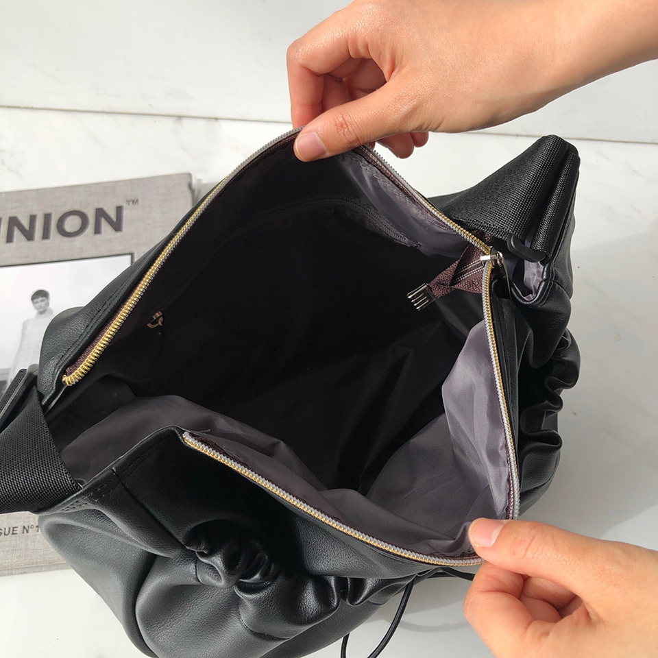 Leather String Pocket Zip-Up Crossbody Bag