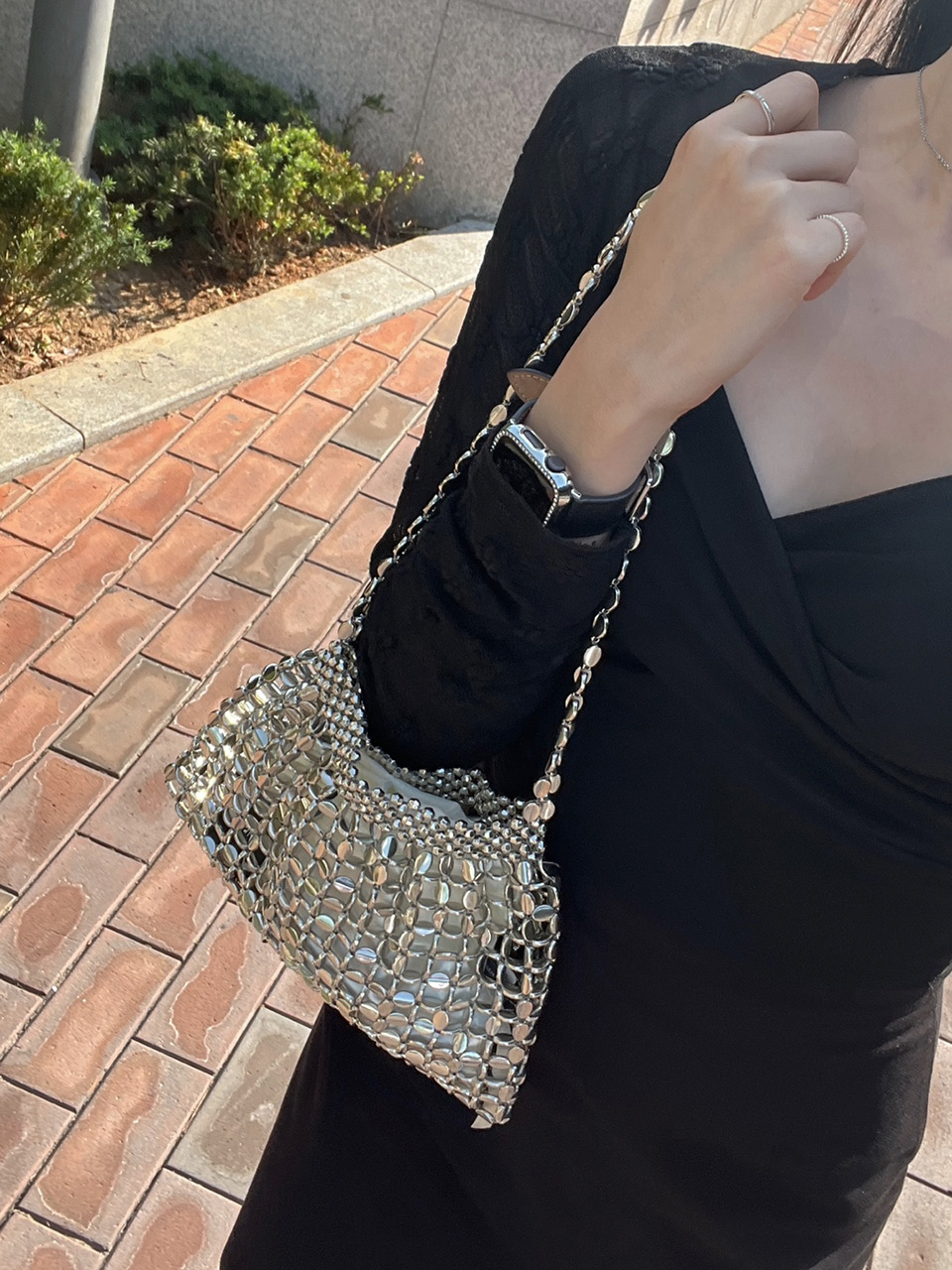 Metal Bead Net Mini Shoulder Bag