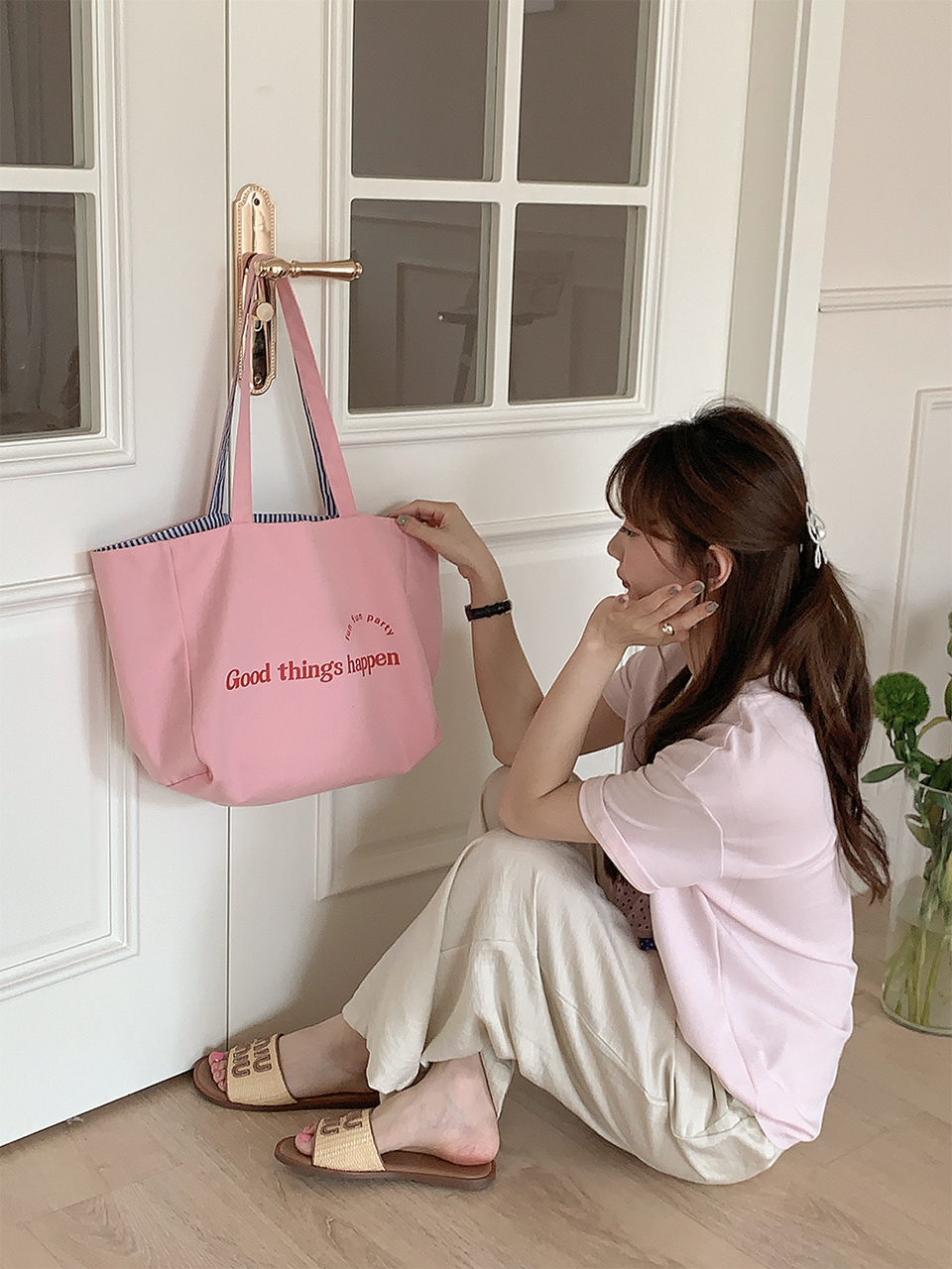 Reversible Stripe Border Lettering Big Eco Bag