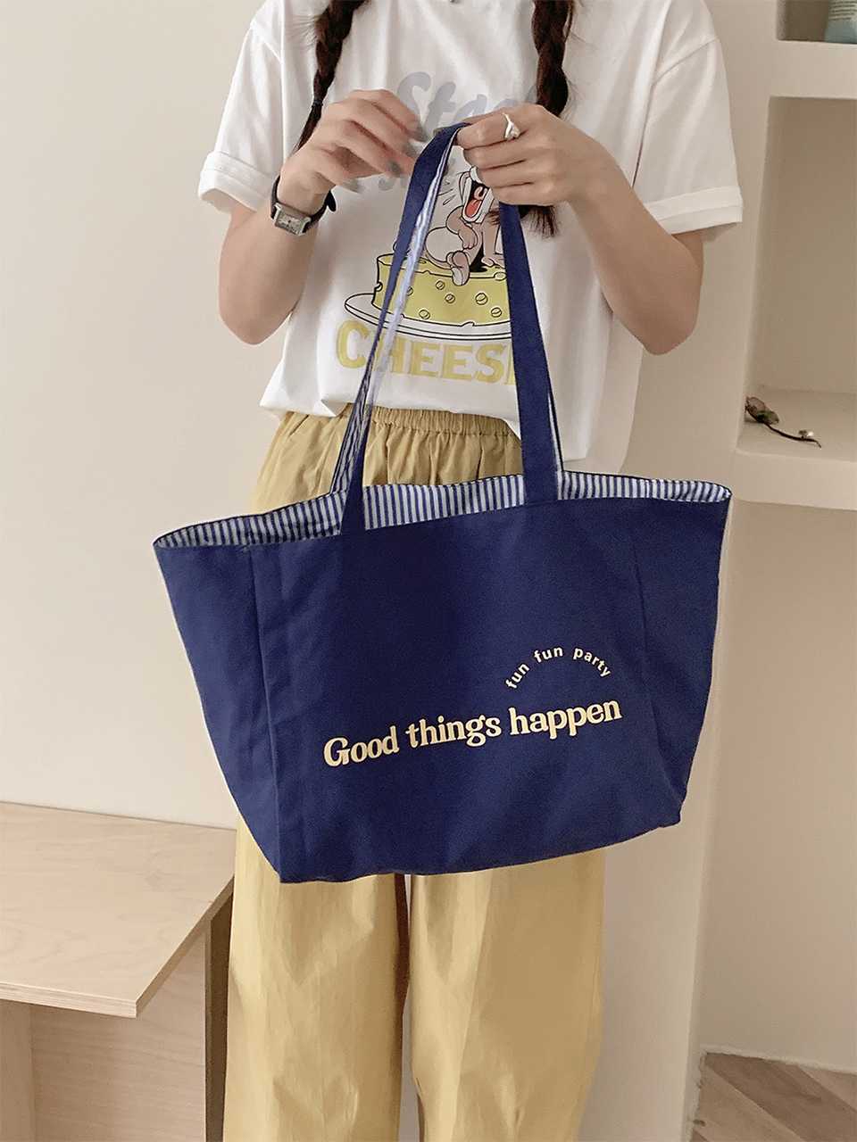 Reversible Stripe Border Lettering Big Eco Bag