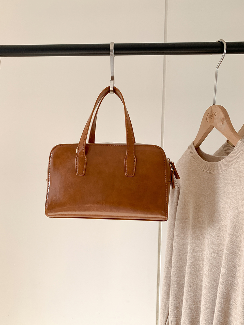 Square zip-up leather tote bag (4 colors)