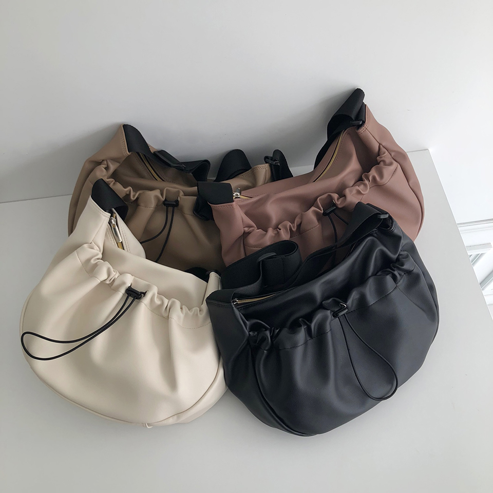 Leather String Pocket Zip-Up Crossbody Bag