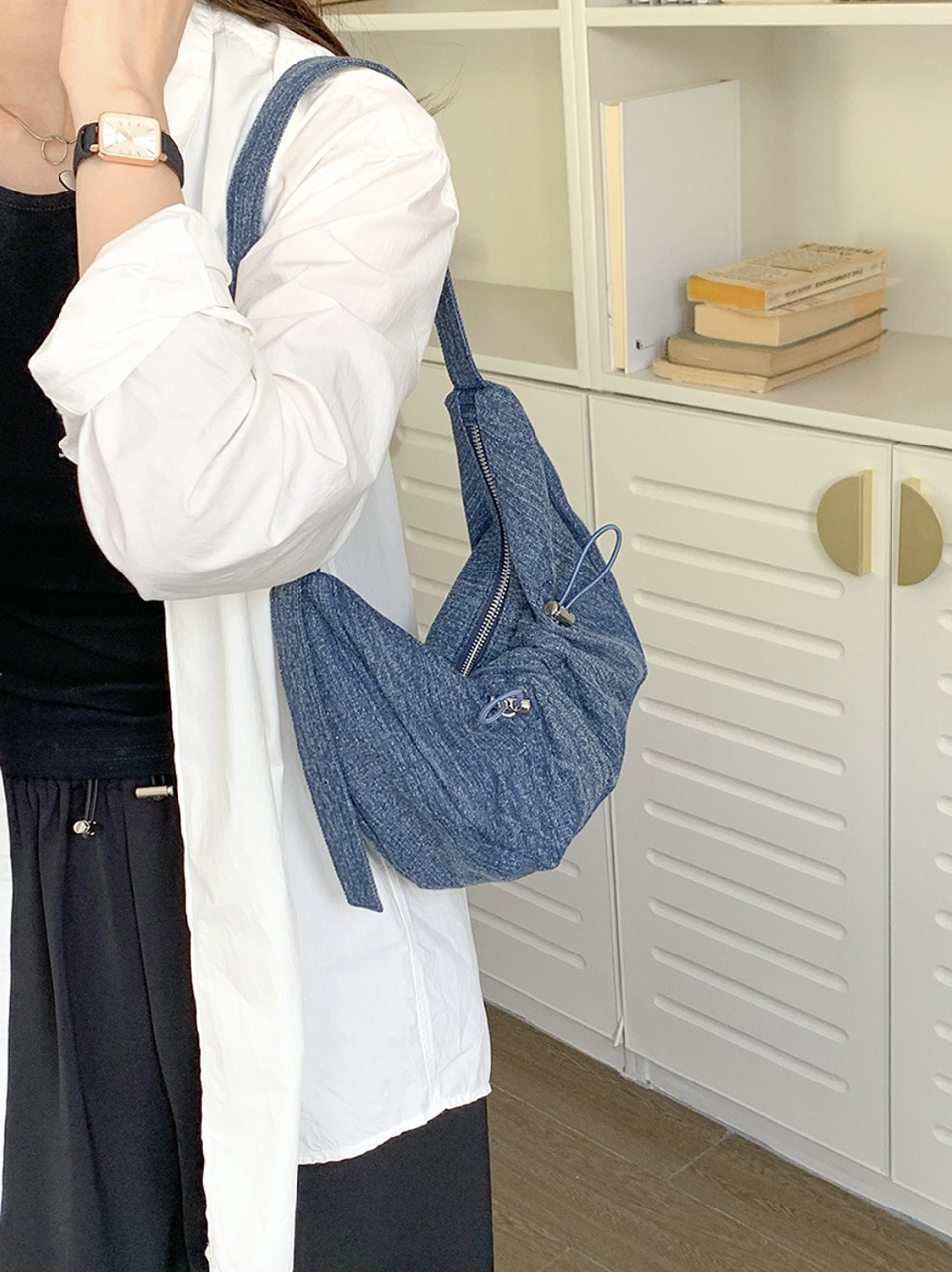 Ditto Cross Silver Denim Shirred Shoulder Bag