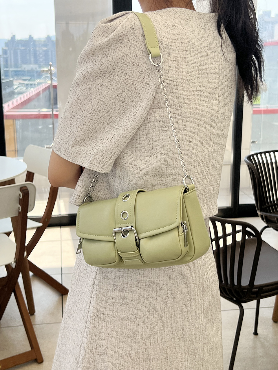 Eyelet Leather Belt Chain Mini Shoulder Bag
