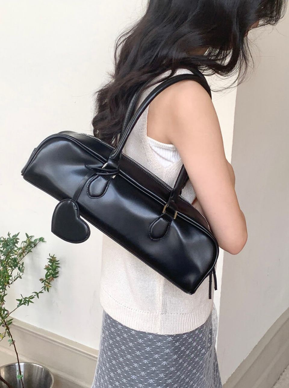 Heart Charm Square Leather Shoulder Bag