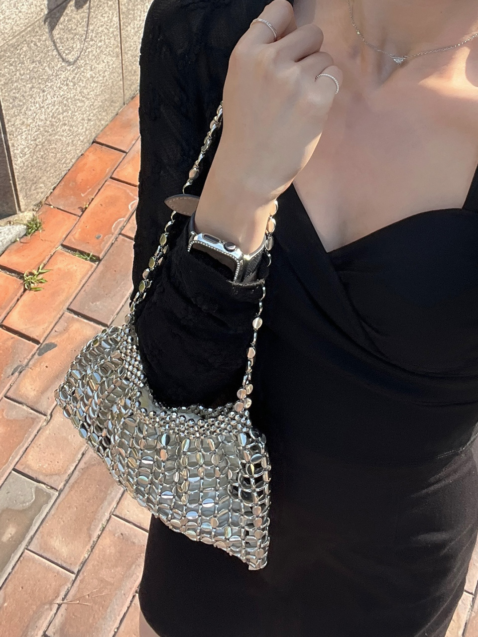 Metal Bead Net Mini Shoulder Bag