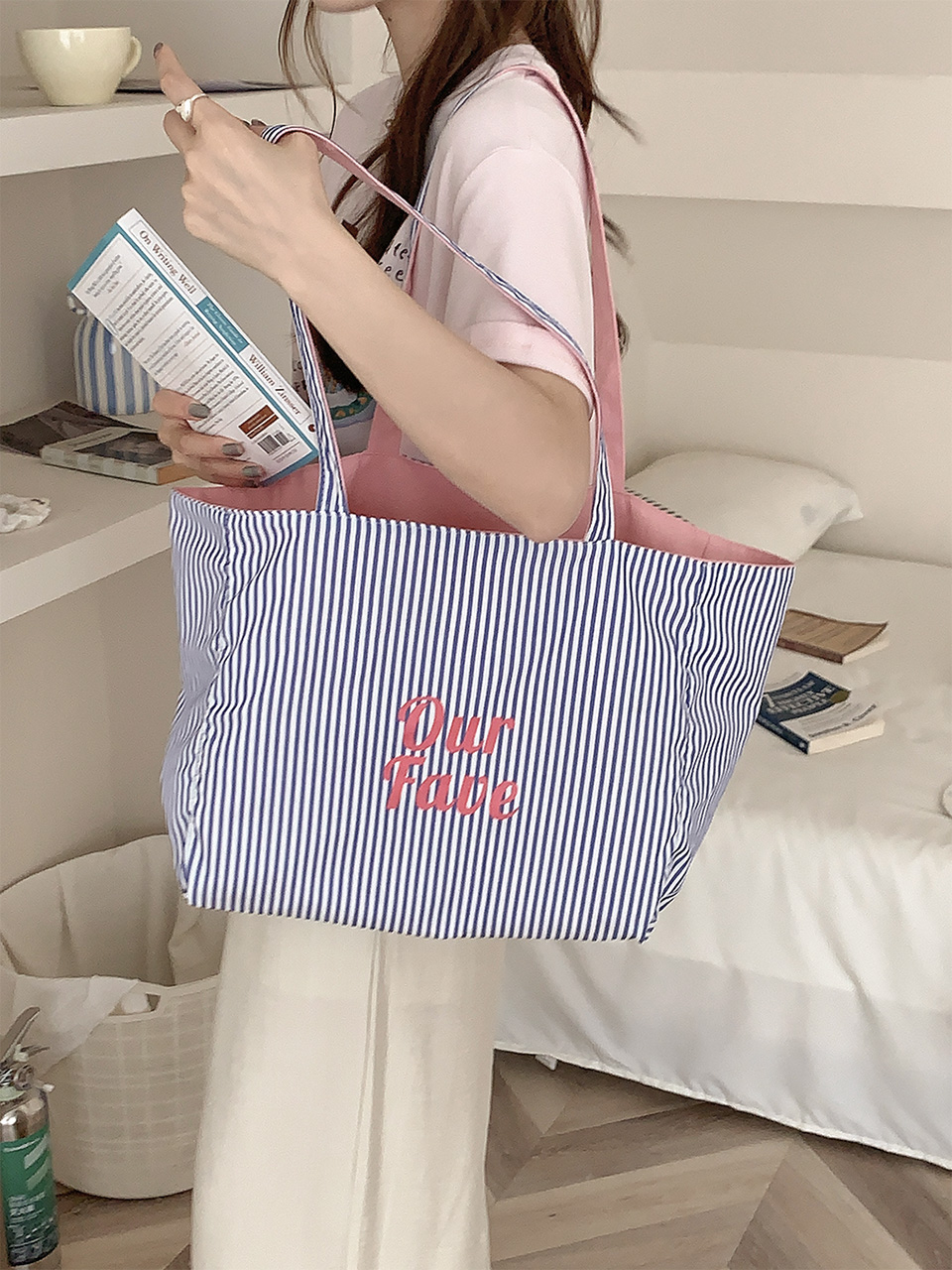 Reversible Stripe Border Lettering Big Eco Bag