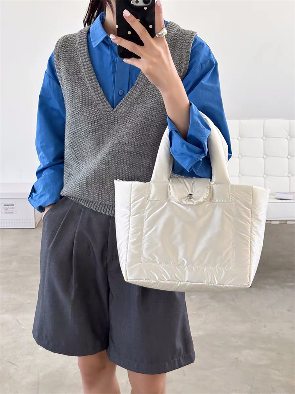 Aston Glossy Nylon Down Button Tote Bag