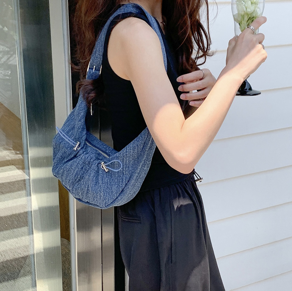 Ditto Cross Silver Denim Shirred Shoulder Bag