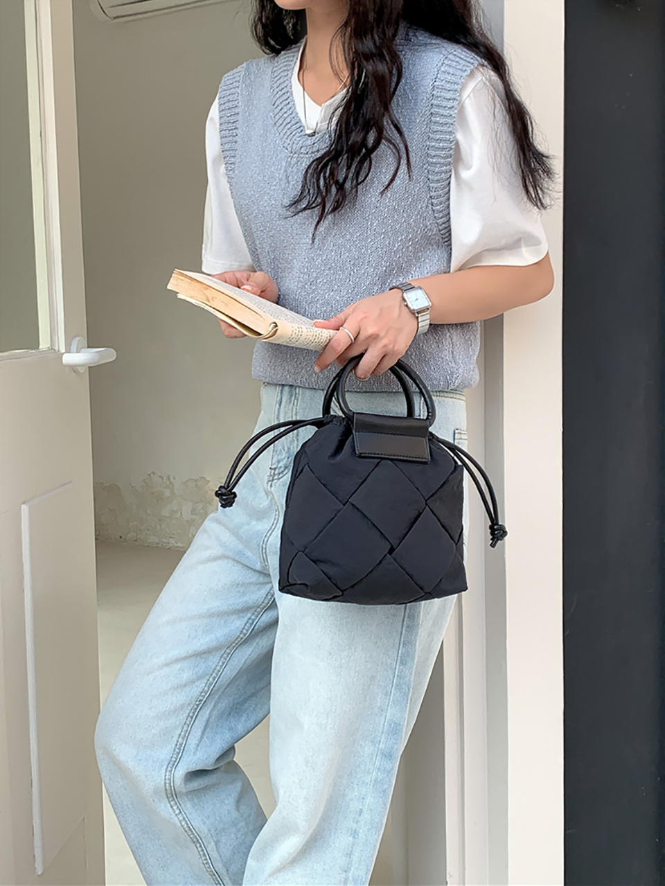 Quilted Nylon Mini Bucket Bag (4 colors)