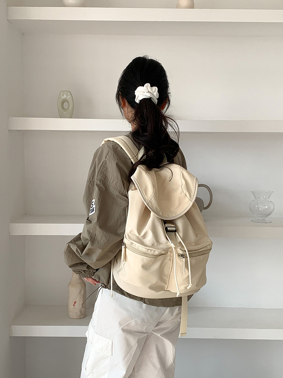 Nylon buckle string pocket daily backpack