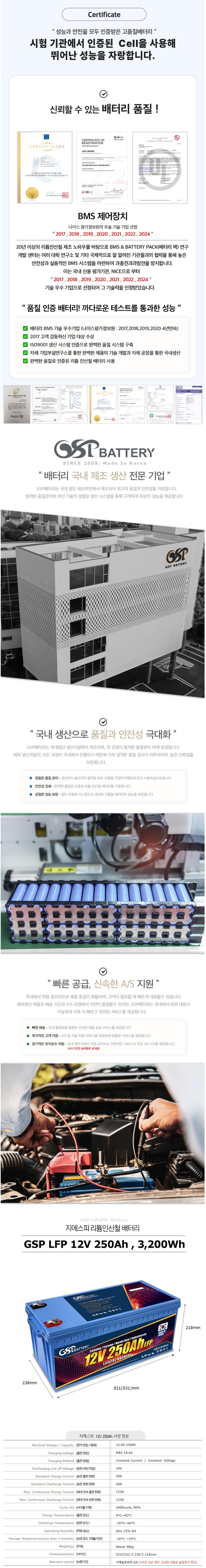 [국내 생산] GSP 리튬인산철 배터리 LFP 12V 250Ah 3200Wh