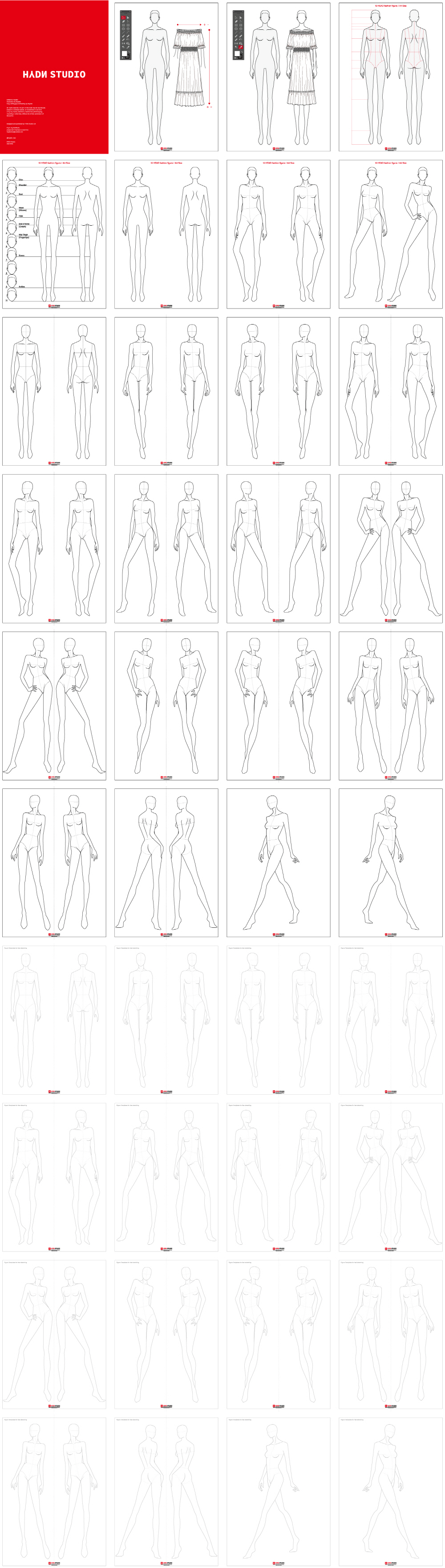 Women S 10head Body Figure Template 30 Poses For Fashion Illustration Hydnstudio Digital Fashion Design Store Fashion Flats