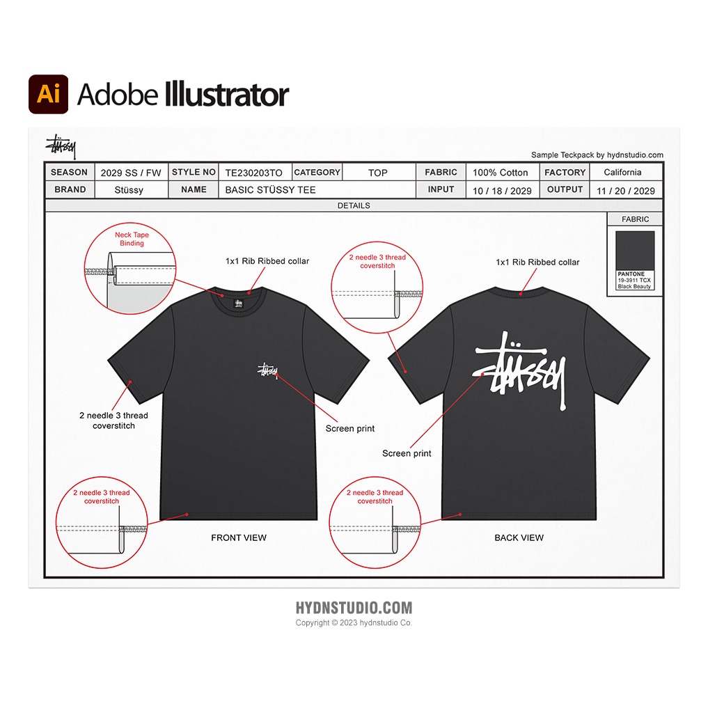 Complete Basic Tee TechPack Template Stussy HYDNSTUDIO