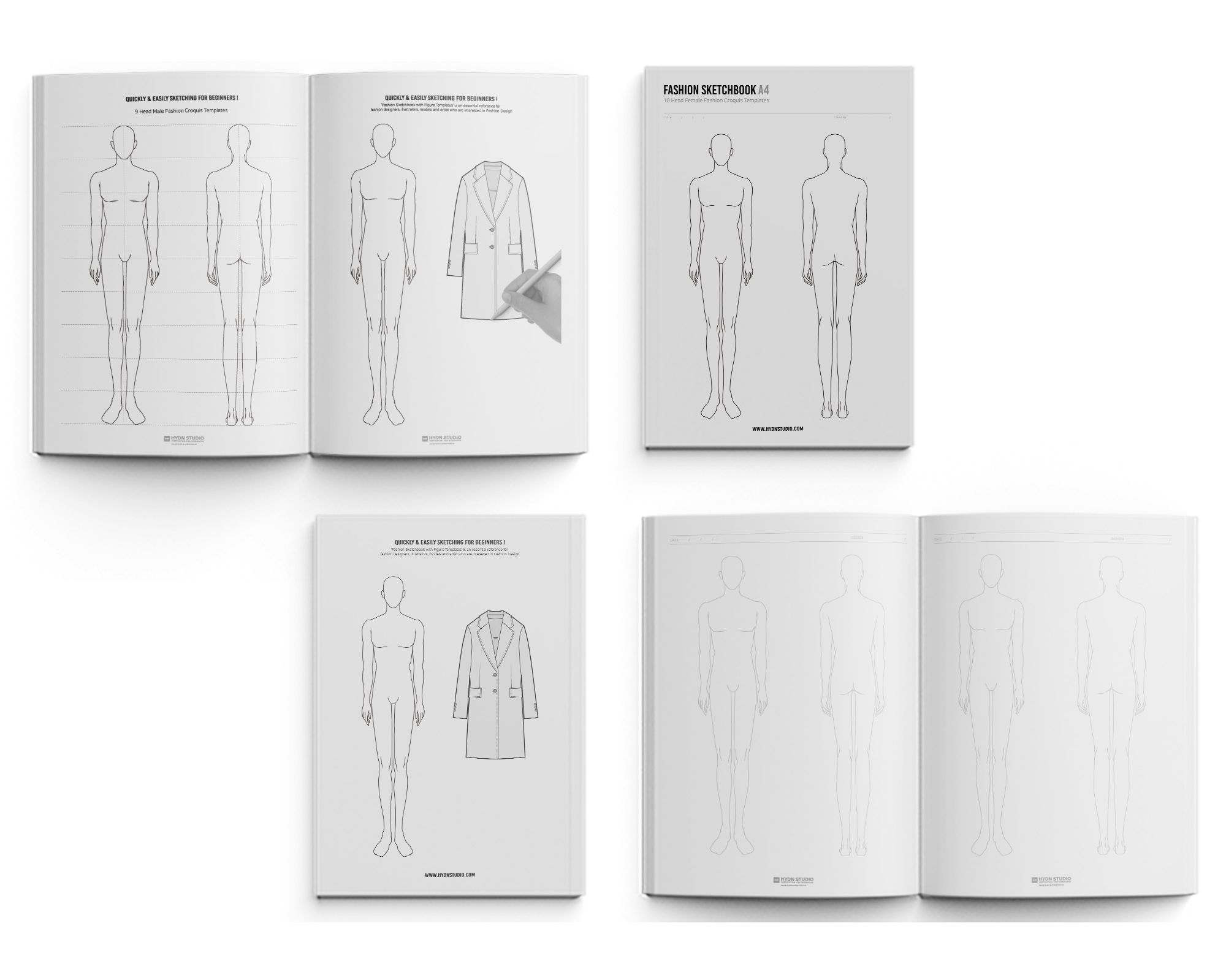 Fashion Sketchbook A4 with Male 9Head Figure Template (PDF) : HYDNSTUDIO