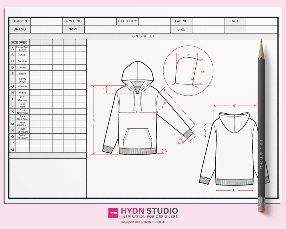 Hoodie Size Spec Sheet For Tech Pack Tech Pack Template Technical Drawings Fashion Cad Flat Sketch Hydnstudioㅣpremium Digital Fashion Source Store