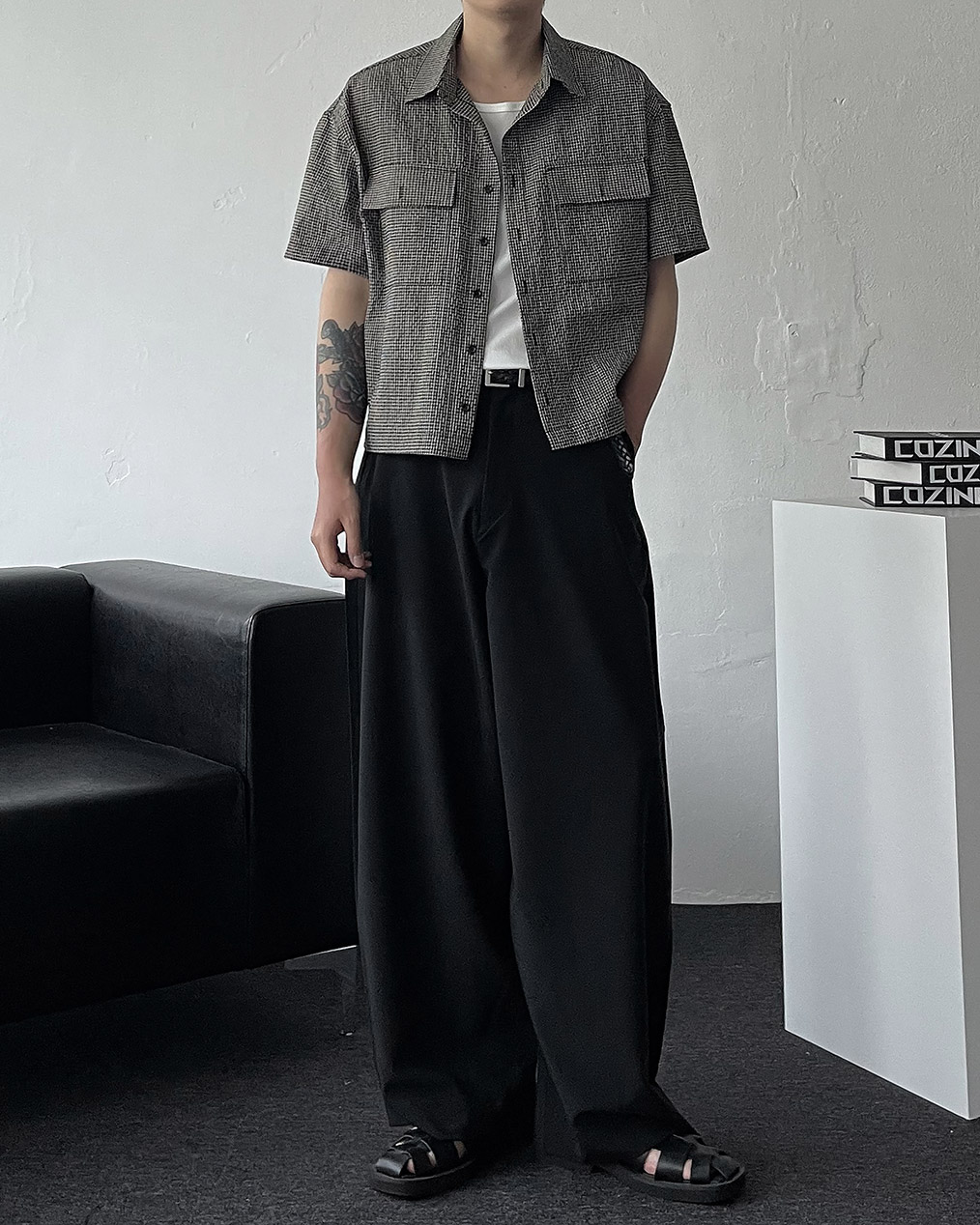 남자 오버핏 크롭 반팔 셔츠