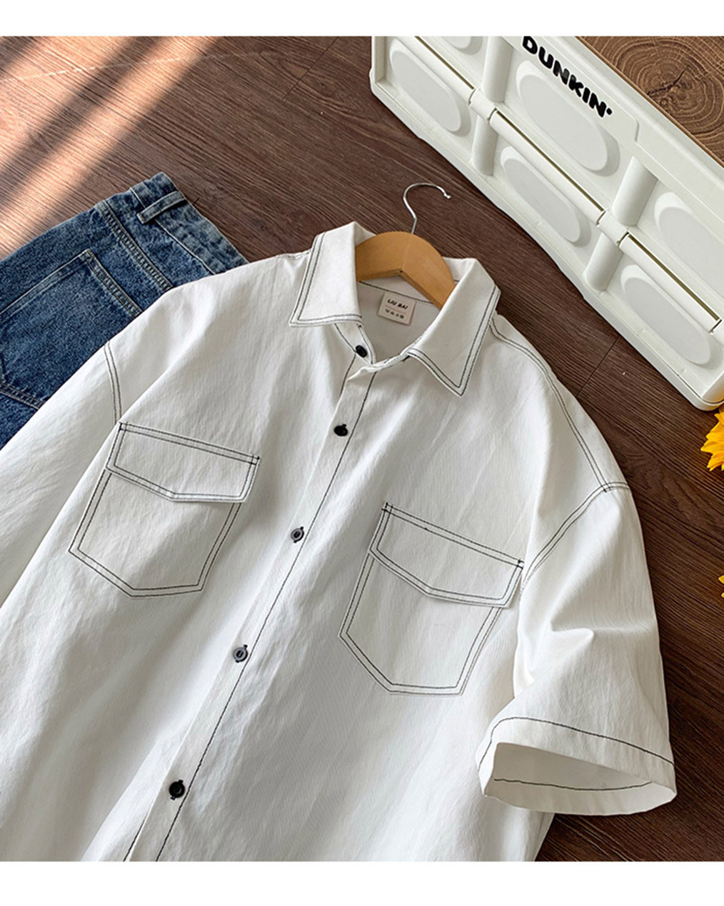 남자 오버핏 스티치 반팔 셔츠