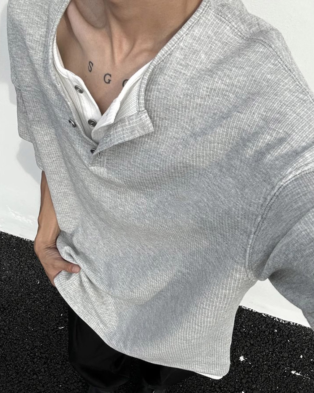 남자 헨리넥 골지 반팔 티셔츠