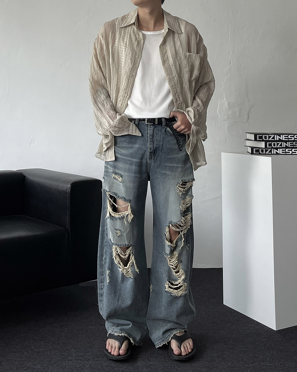 남자 시스루 링클 셔츠