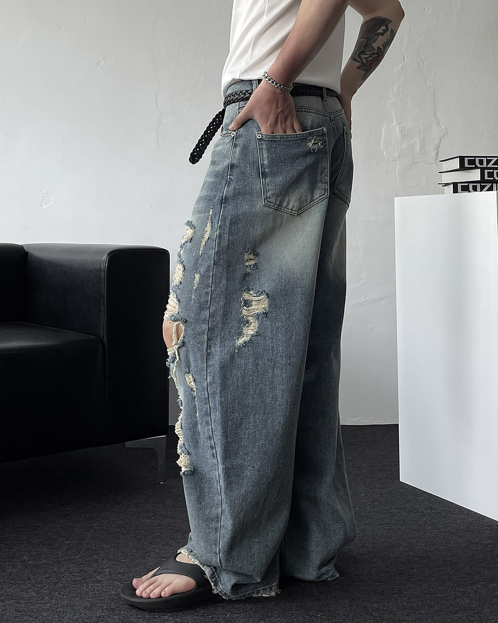 남자 디스트로이드 데님 팬츠