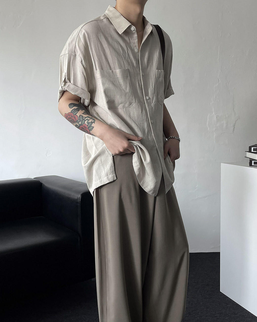 남자 오버핏 린넨 반팔 셔츠