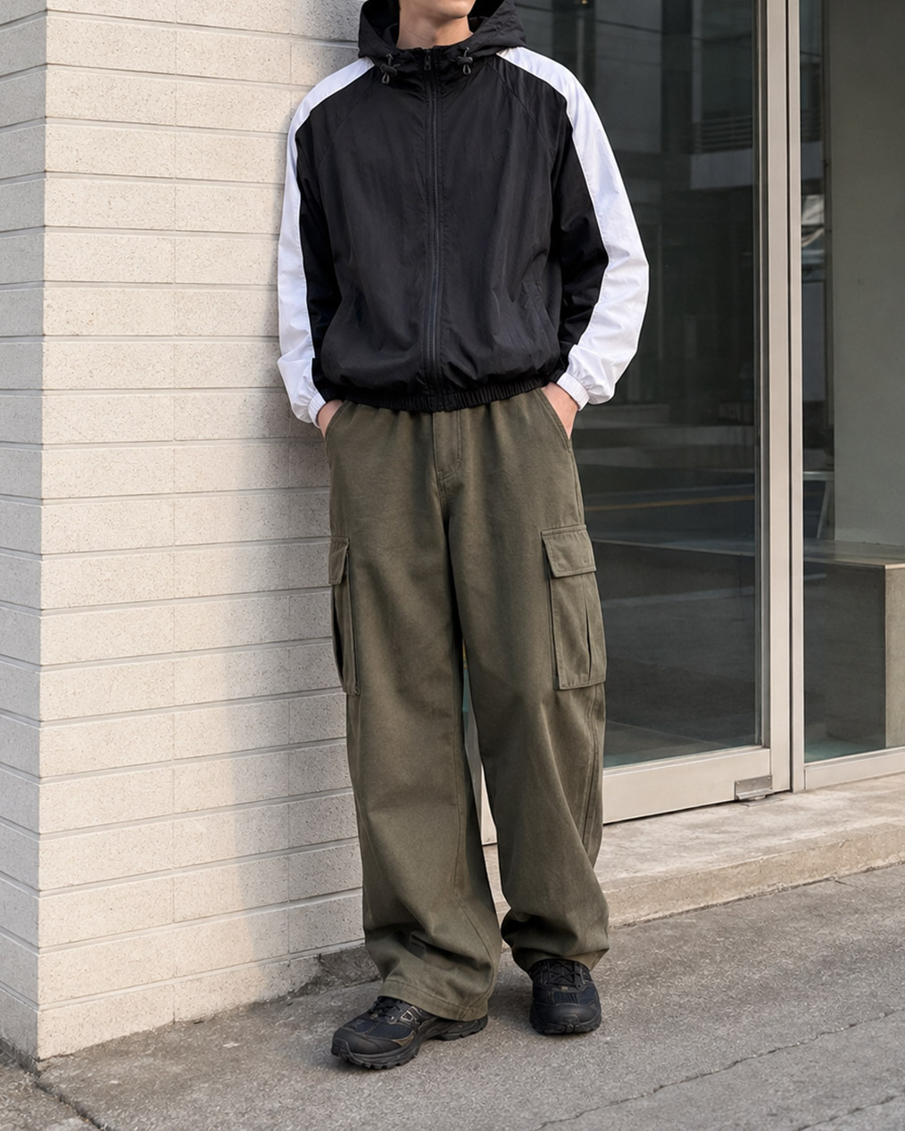 [Unisex] 원라인 후드 배색 바람막이 (2 colors)