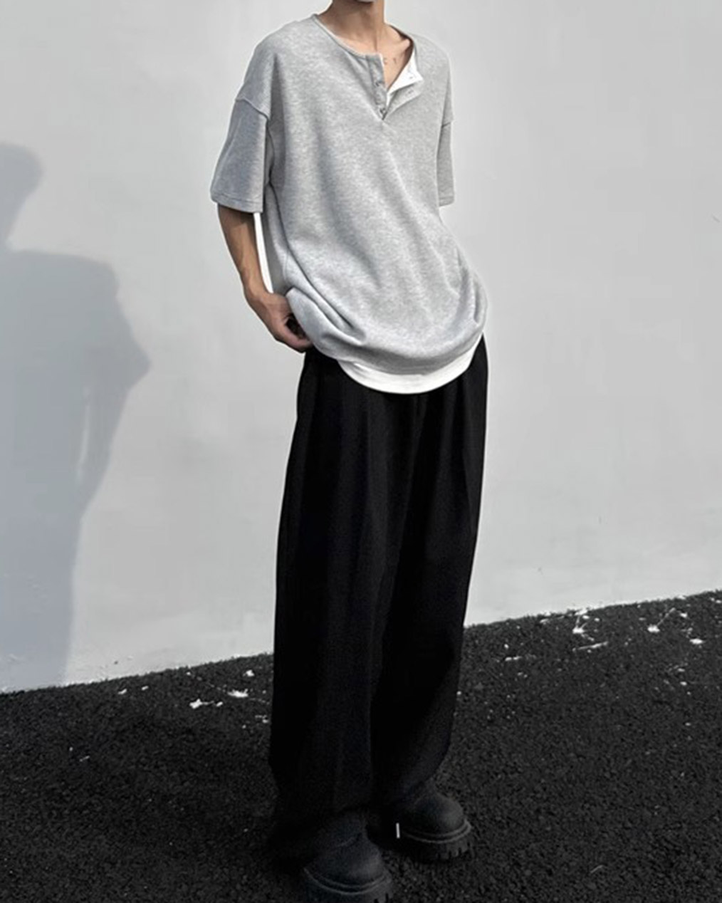 남자 오버핏 헨리넥 골지 반팔 티셔츠