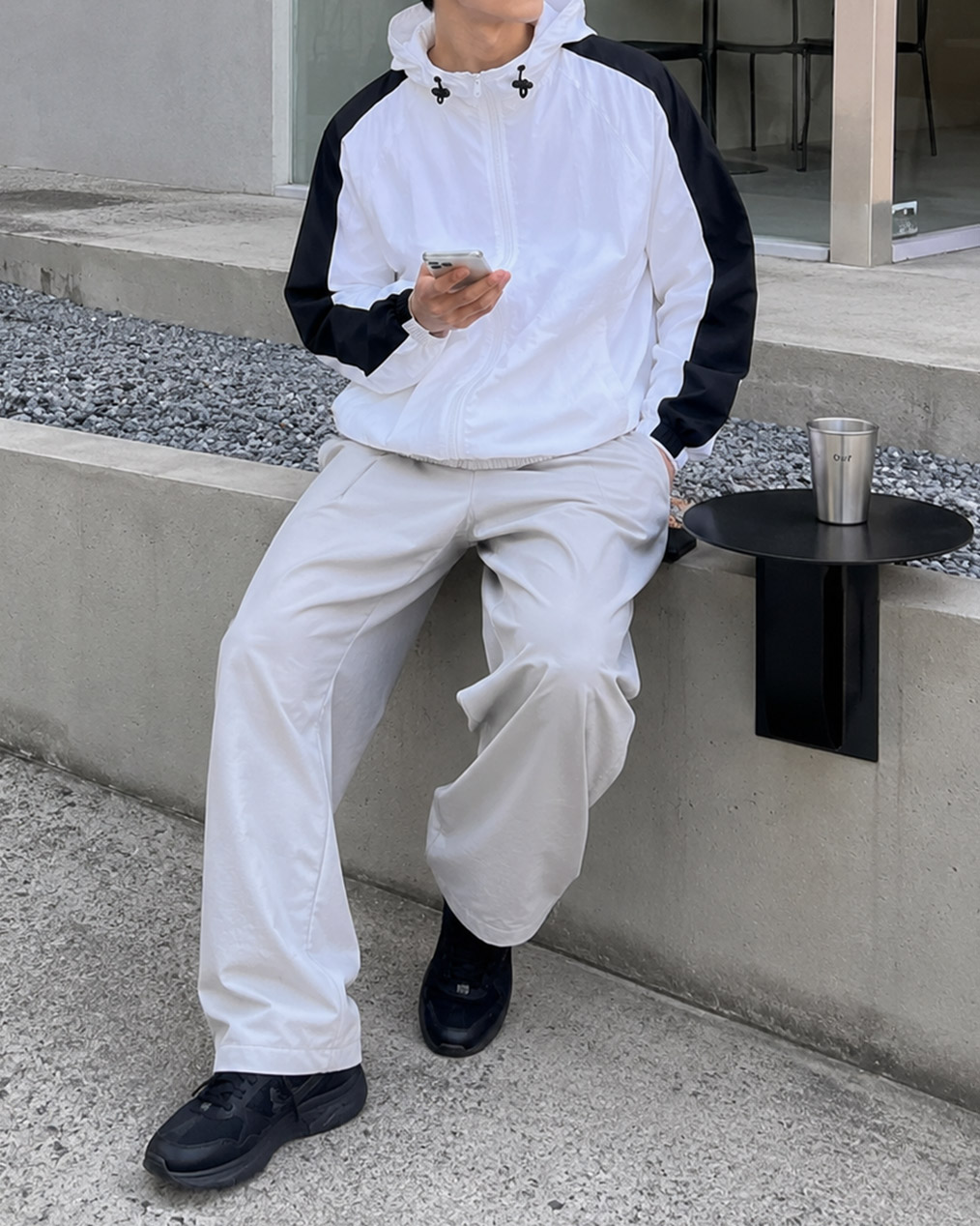 [Unisex] 원라인 후드 배색 바람막이 (2 colors)