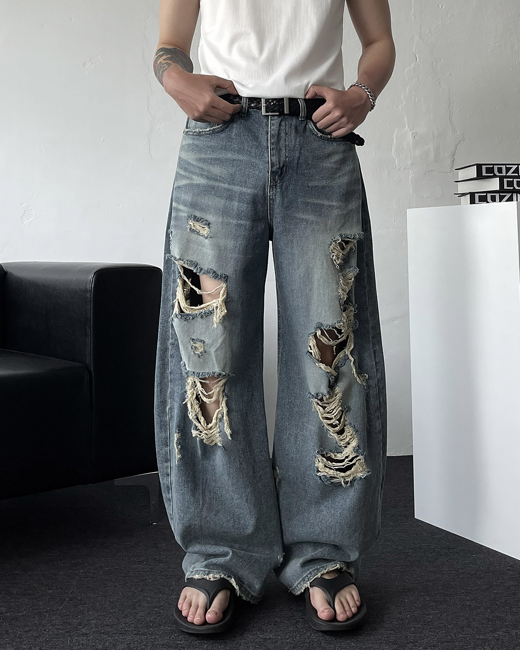 남자 데미지 와이드 데님 팬츠