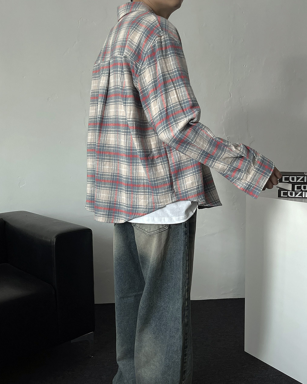 남자 오버핏 레이어드 체크 셔츠