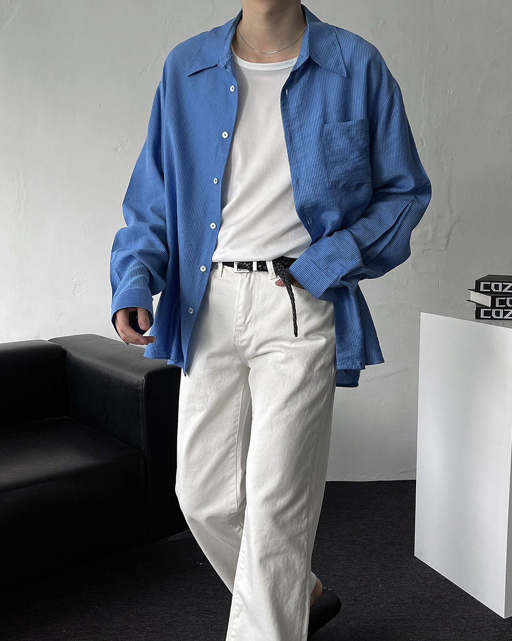 남자 여름 스트라이프 긴팔 셔츠