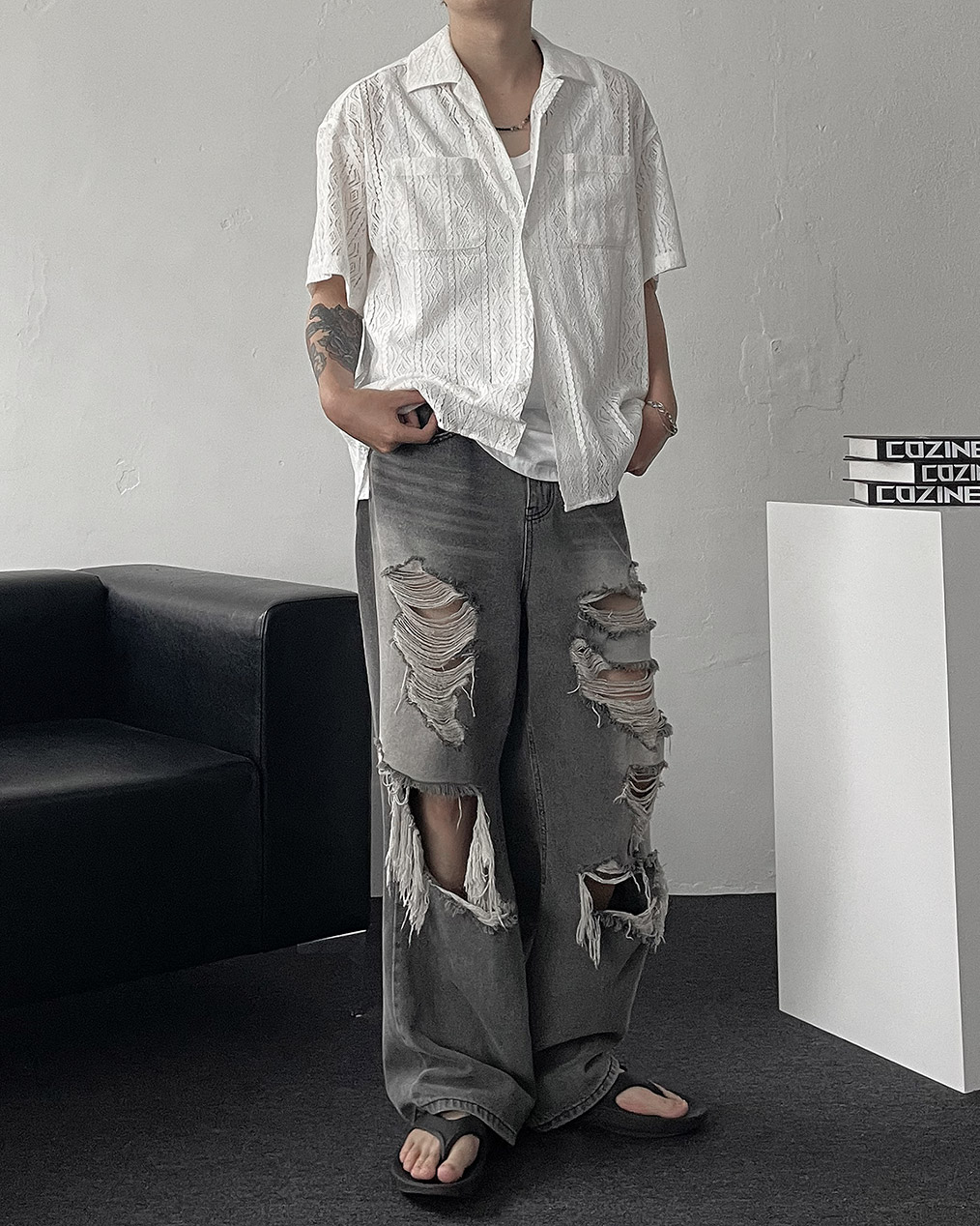 남자 휴양지 휴가룩 레이스 반팔 셔츠