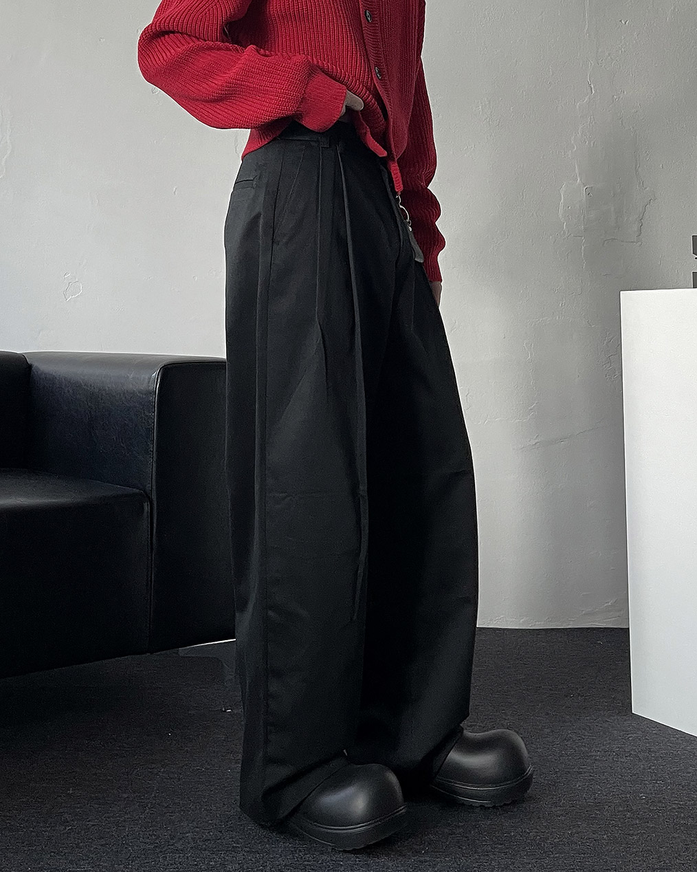 남자 투턱 롱 와이드 팬츠