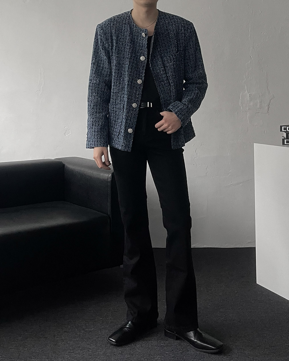 남자 노카라 라운드 트위드 자켓