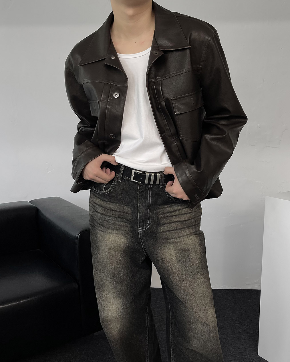 남자 크롭 레더 자켓