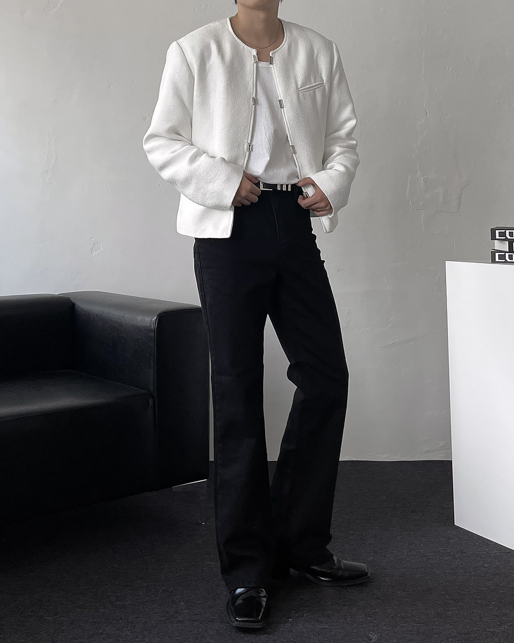 남자 노카라 라운드 트위드 자켓